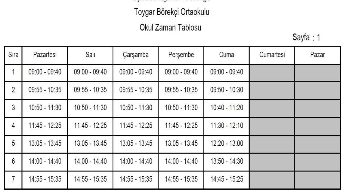 2025-2026 Eğitim Öğretim Yılı Zaman Tablosu